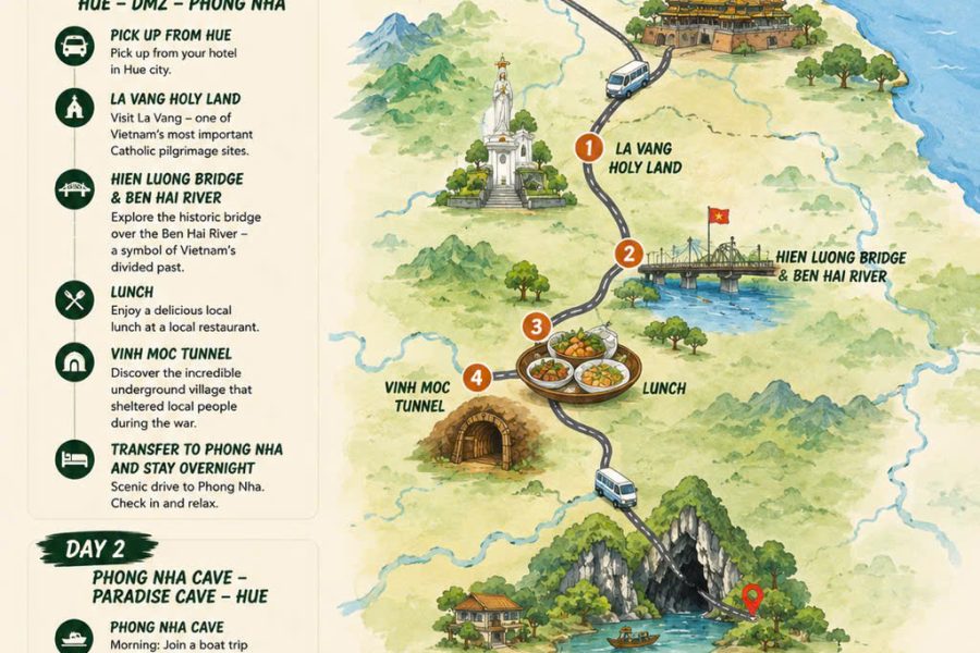 🚐 Hue – DMZ – Phong Nha 2 Days 1 Night | Private Tour