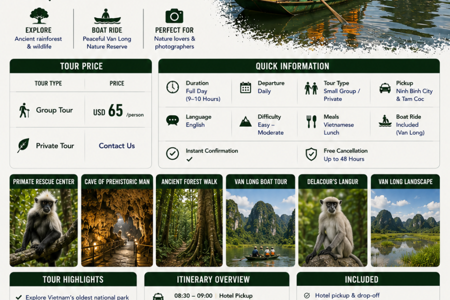 Cuc Phuong National Park & Van Long Nature Reserve Day Tour