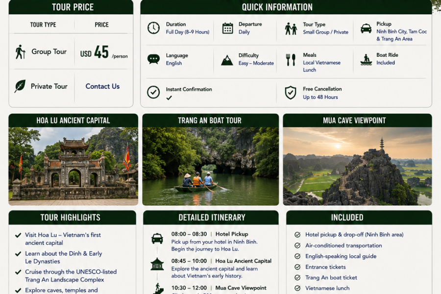 Ninh Binh Scenic Day Trip: Trang An, Hoa Lu & Mua Cave