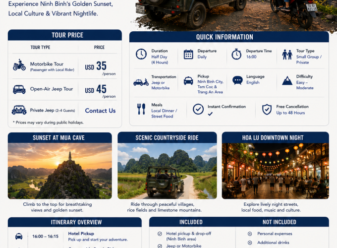 Sunset Mua Cave & Hoa Lu Downtown Evening Tour (Jeep or Motorbike)