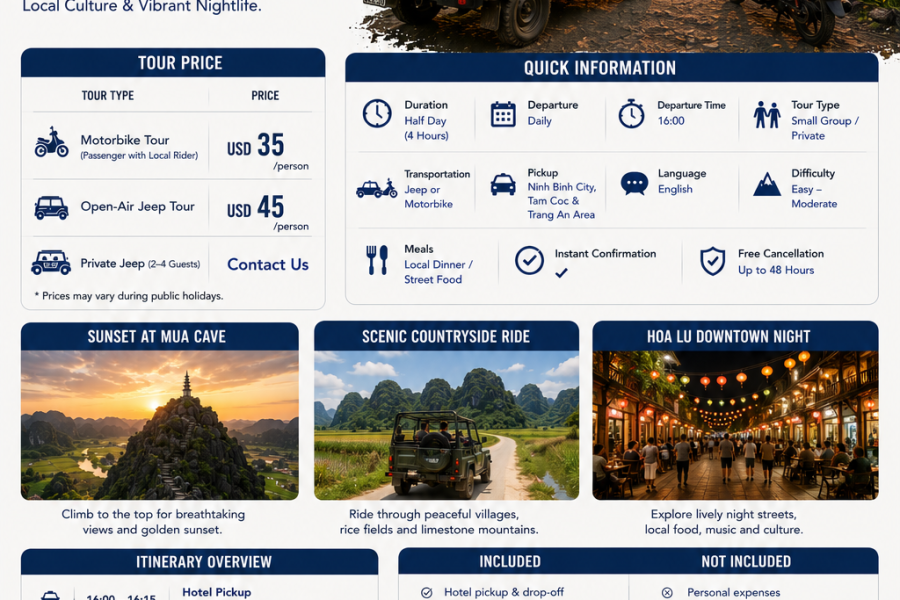 Sunset Mua Cave & Hoa Lu Downtown Evening Tour (Jeep or Motorbike)
